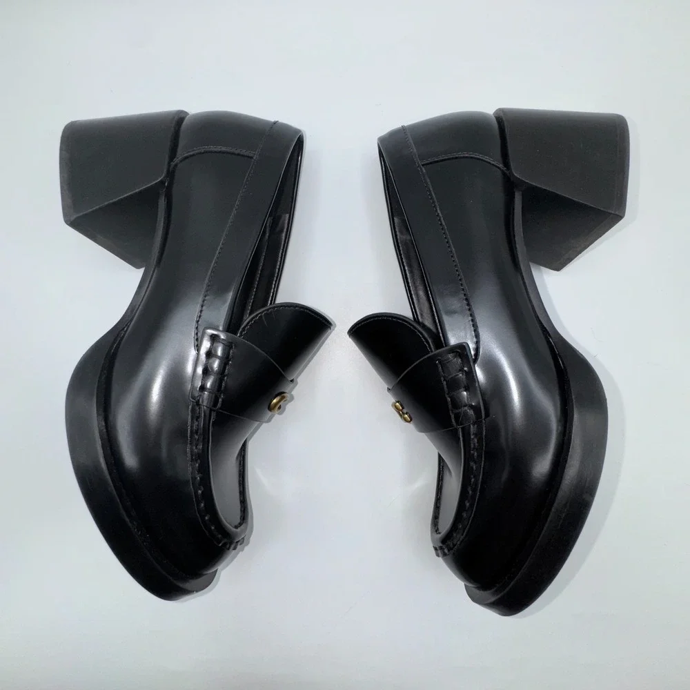 Coach Natalie‎ Womens Loafer 6 Black Leather Block Heels Chunky Sole Y2K Shoes